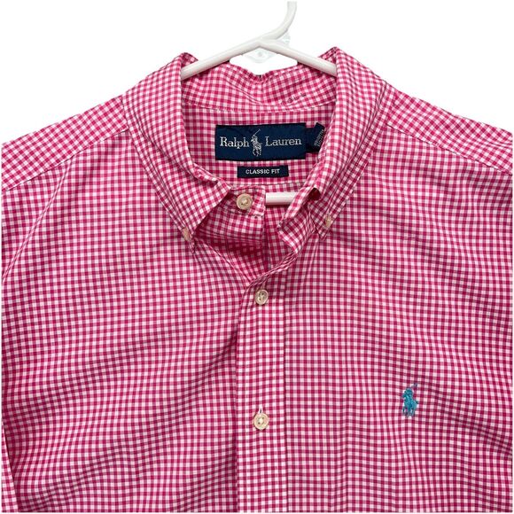 Polo Ralph Lauren Mens Shirt Classic Fit Cotton Pink Check Size Large Blue Pony - Picture 1 of 7